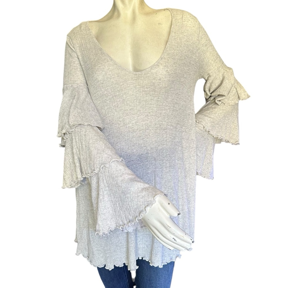 Free People Beach "Seashore" Light Gray Ribbed Ruffled Sleeve Fairy Tunic XS